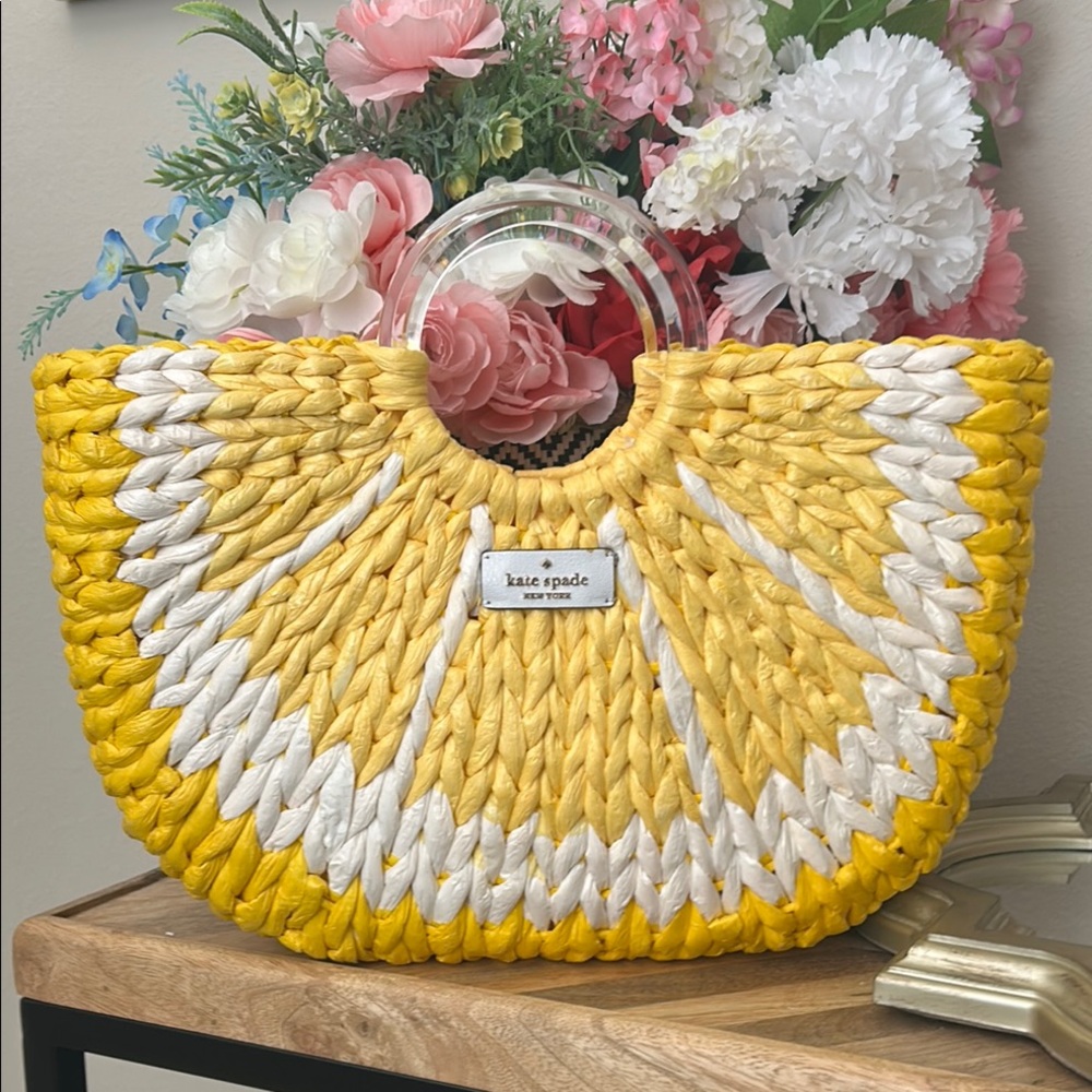 Kate Spade Yellow and White straw lemon tote
